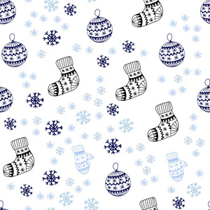 深蓝色矢量无缝模板与冰雪花球袜子手套。 在圣诞节风格中闪耀着五颜六色的插图。 名片网站模板。