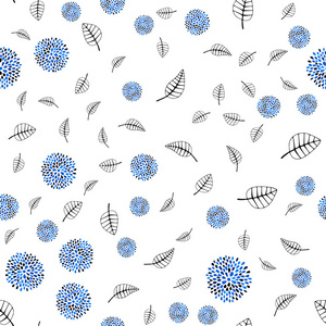 深蓝色矢量无缝涂鸦背景与叶花。 在白色背景上留下涂鸦风格的花。 壁纸面料制造商的时尚设计。