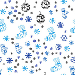 浅蓝色矢量无缝布局与明亮的雪花球，袜子手套。 在圣诞节风格中闪耀着五颜六色的插图。 窗帘窗帘的纹理。