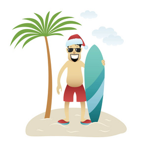 圣诞横幅男子在沙滩上站在棕榈树孤立