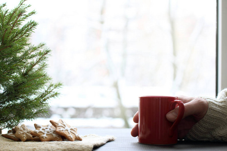 在冬天温暖的假期里，用红色的杯子和一棵圣诞树，在木桌上放着饼干，靠在窗户上