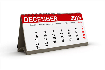 2019年12月作为三维插图的案头日历