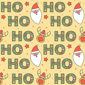 可爱可爱的圣诞无缝矢量图案背景插图与圣诞老人，何浩文字，驯鹿，假日元素和星星