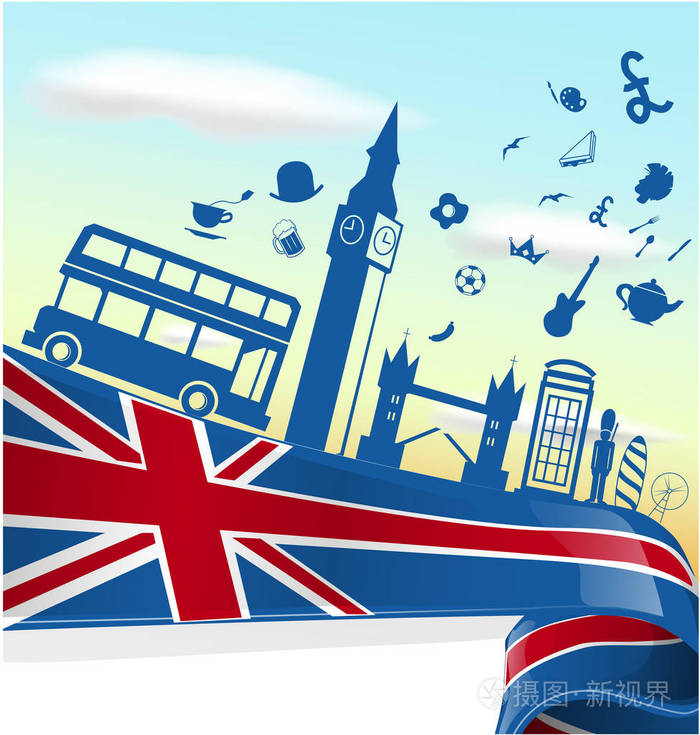 英国伦敦元素国旗与天空背景插画-正版商用图片14338l-摄图新视界