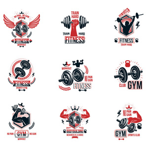 一套矢量健身主题标志和广告海报组成的哑铃杠铃水壶钟运动设备和运动员完美的形状。
