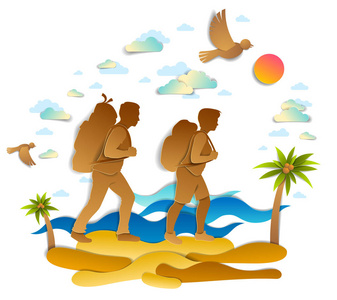 男朋友和女朋友远足者有时间休息在自然暑假矢量.照片