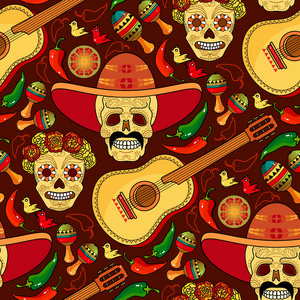 一天的死亡无缝图案与微笑的头骨与红椒，吉他和马拉卡斯的胡子。 墨西哥假日的矢量插图。