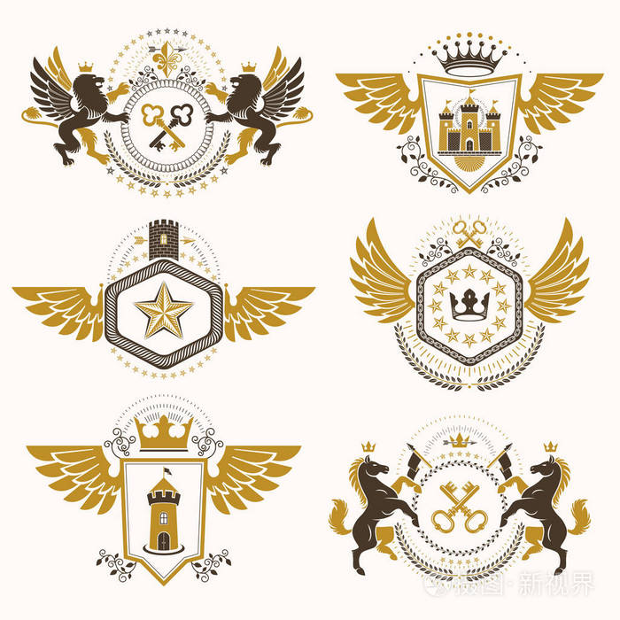老式装饰纹章矢量标志由鹰翼,宗教十字架,军械库和中世纪城堡动物等
