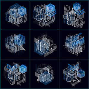 线条和形状抽象矢量等距三维背景。 立方体六边形正方形矩形和不同抽象元素的布局。 矢量收集。