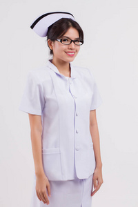  studio isolated portrait of asian female nurse in positive, fri