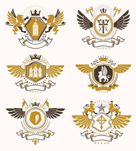 一套矢量复古标志创造的装饰元素，如皇冠，星星，鸟翼，军械库和动物。 纹章纹章外衣的收藏。