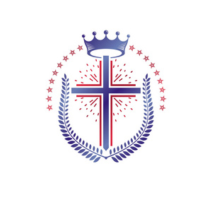 基督教十字装饰徽. 纹章矢量设计元素由桂冠花环和皇冠组成.