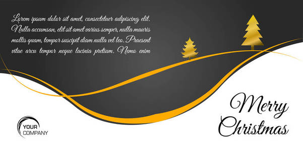 圣诞快乐平面矢量卡与金树和波浪黑色背景