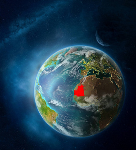 毛里塔尼亚从地球上的太空被月球和银河系包围。 详细的行星表面与城市灯和云。 三维插图。 这幅图像的元素由美国宇航局提供。