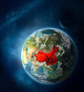 行星表面中国从地球上的太空包围着月球和银河.
