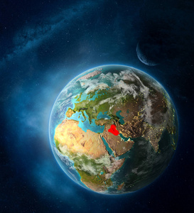伊拉克从地球上的太空包围着月球和银河。 详细的行星表面与城市灯和云。 三维插图。 这幅图像的元素由美国宇航局提供。