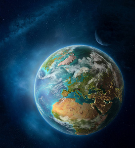 来自地球上空间的斯洛文尼亚，被月球和银河系包围着。 详细的行星表面与城市灯和云。 三维插图。 这幅图像的元素由美国宇航局提供。