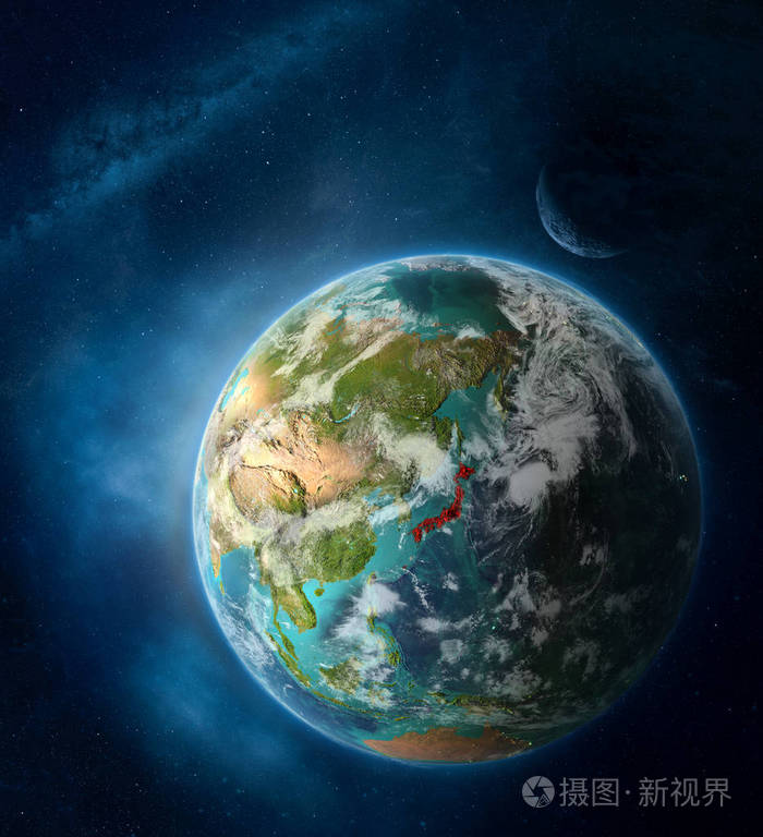 日本从地球上的太空包围着月球和银河详细的行星表面与城市灯和云三维
