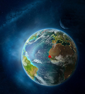 塞内加尔从地球上的太空包围着月球和银河。 详细的行星表面与城市灯和云。 三维插图。 这幅图像的元素由美国宇航局提供。