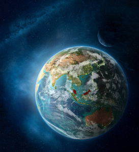 马来西亚从地球上的太空包围着月球和银河。 详细的行星表面与城市灯和云。 三维插图。 这幅图像的元素由美国宇航局提供。
