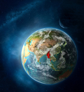 缅甸从地球上的太空被月球和银河系包围。 详细的行星表面与城市灯和云。 三维插图。 这幅图像的元素由美国宇航局提供。