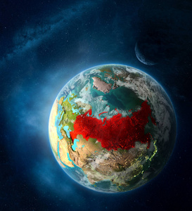 俄罗斯从地球上的太空包围着月球和银河。 详细的行星表面与城市灯和云。 三维插图。 这幅图像的元素由美国宇航局提供。