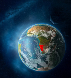 纳米比亚来自地球上被月球和银河环绕的太空。 详细的行星表面与城市灯和云。 三维插图。 这幅图像的元素由美国宇航局提供。
