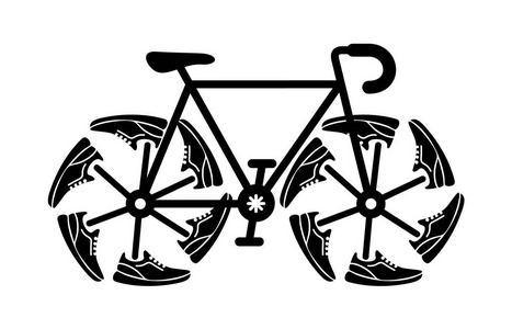 自行车车轮图标上的跑鞋。 原始速度标志。 健身和运动运动鞋的简单插图。 白色背景上的矢量标志商店图形。