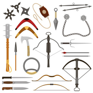 弩镖投掷武器矢量十字弓锋利的箭头和刀或斧头说明武器套忍者库奈或舒
