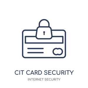 信用卡安全图标。 信用卡安全线性符号设计从互联网安全收集。 白色背景上的简单轮廓元素矢量插图。