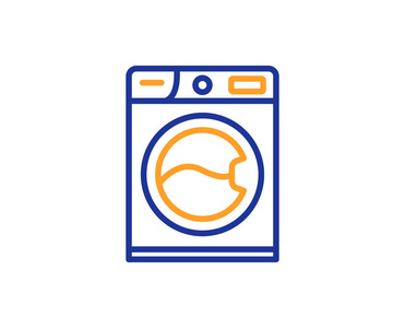 洗衣机线图标。 清洁服务符号。 洗衣标志。 五颜六色的轮廓概念。 蓝色和橙色细线颜色图标。 洗衣机病媒
