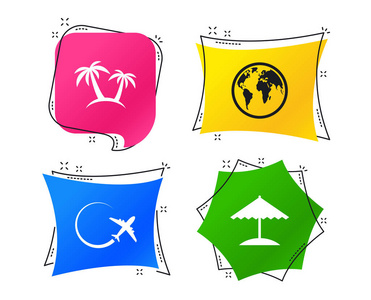 旅行图标。飞机，全球标志。棕榈树和沙滩伞标志。几何彩色标签。带有平面图标的横幅。时尚的设计。矢量