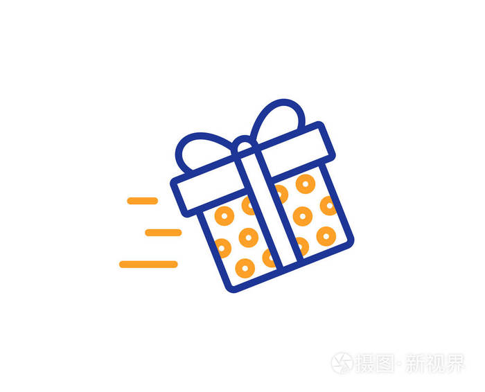 礼品盒送货线图标。 现在或销售标志。 生日购物符号。 包裹在礼品包装里。 五颜六色的轮廓概念。 蓝色和橙色细线颜色图标。 当前交