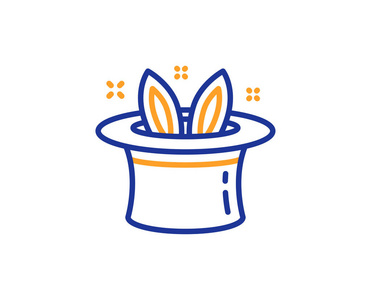 帽子诡计线图标。 帽子和兔子标志的魔术。 魔术师表演符号。 五颜六色的轮廓概念。 蓝色和橙色细线颜色图标。 帽子戏法