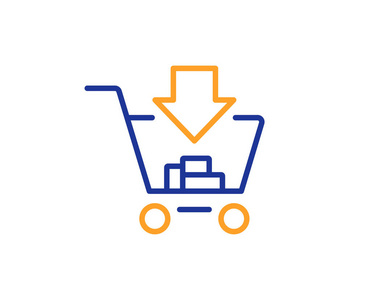 添加到购物车行图标。 网上购物标志。 超市篮子符号。 五颜六色的轮廓概念。 蓝色和橙色细线颜色图标。 购物矢量