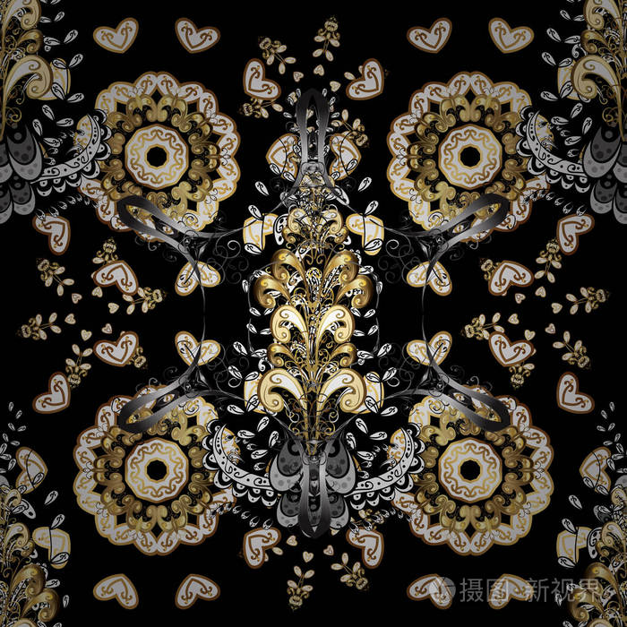 巴洛克风格的无缝东方装饰矢量传统的经典金色无缝图案的黑白和棕色