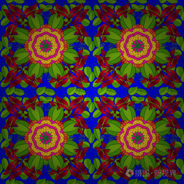 矢量图. 颜色上有绿色,红色和蓝色的图案. 股票. 无缝可爱的面料图案.