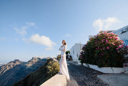 欧洲希腊桑托里尼旅行假期。 女人在著名的旅游目的地看风景。 优雅的年轻女士过着奢华的JetSet生活方式，在假期穿着连衣裙。 令