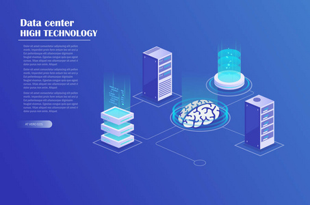 网络托管和大数据处理服务器机房机架。 数据中心云存储技术。 能源站的概念。 等距矢量插图。