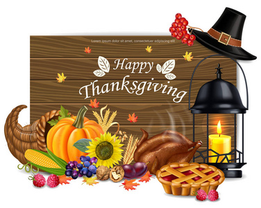 快乐的感恩节卡向量。帽子, 蜡烛, 火鸡和水果。3d 详细符号插图