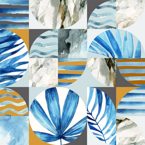 抽象几何无缝图案热带树叶，波浪，条纹，半圆，方形，格纹纸，大理石，水彩，纹理，涂鸦。 手绘夏季插图