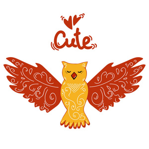 带有花的装饰性彩色猫头鹰。 非洲印度图腾纹身。 它可用于设计T恤袋明信片，海报，孤立在白色背景上。 手绘。 太可爱了。 打印。 
