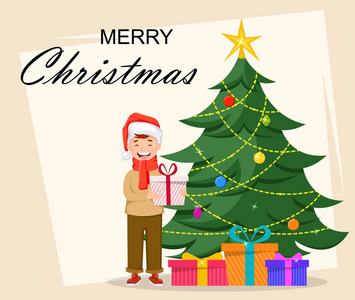 圣诞快乐。 可爱的男孩戴着圣诞老人的帽子，拿着礼品盒，站在圣诞树附近的卡通人物。 可用于贺卡海报传单。 矢量插图
