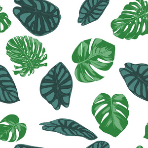 无缝手工绘制植物异国情调的图案与蔓和海叶。在水彩风格的媒介丛林树叶。纺织布料布料纸张无缝热带叶背景