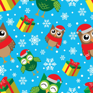 冬季无缝图案与雪花猫头鹰和礼物。 新年快乐和圣诞快乐矢量插图。