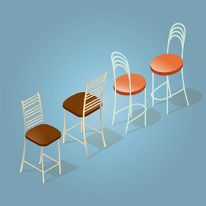 等距卡通椅子图标隔离在蓝色上。 带有棕色和橙色装潢的椅子。 前面和后面。 矢量平面样式三维插图。