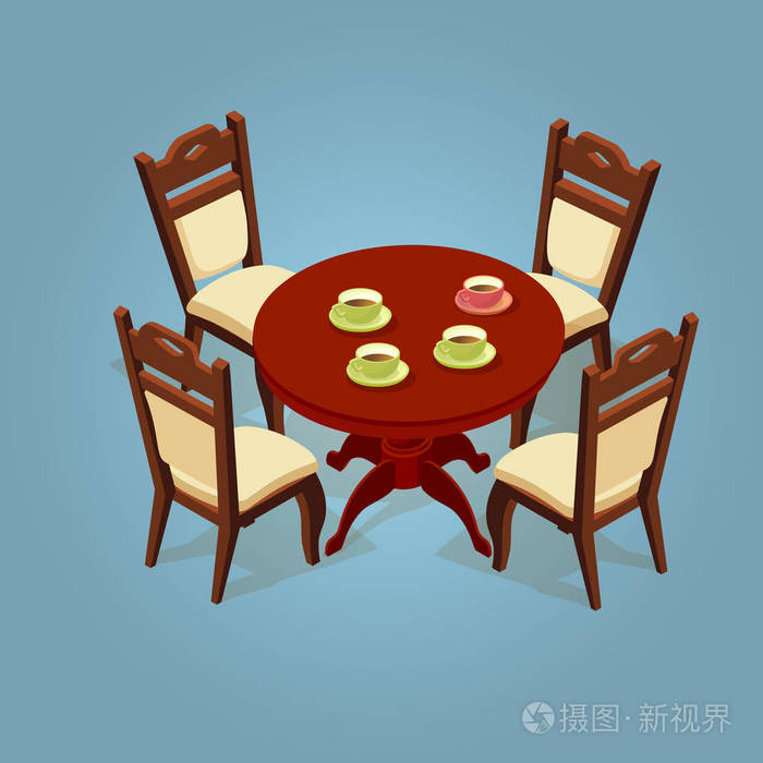 一套等距卡通桌椅图标隔离在蓝色上木制容量圆桌和四把椅子详细的对象