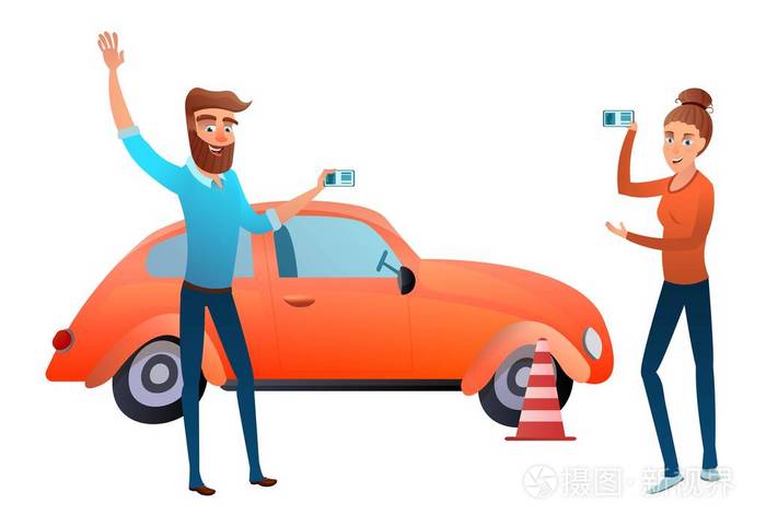 开一辆车. 驾驶学校. 有驾照和培训车的学生. 卡通风格的矢量插图