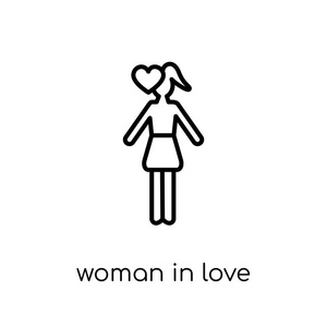 恋爱中的女人图标。 时尚现代平面线性矢量女性爱情图标白色背景从细线女士收集可编辑轮廓笔画矢量插图。