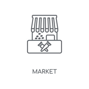 市场线性图标。 市场概念笔画符号设计。 薄图形元素矢量插图轮廓图案在白色背景EPS10。